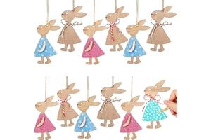 PRO-NOKE 12pcs Easter Wooden Rabbit Ornaments Family DIY Mr.Bunny Cutout Tree Hanging Ornaments Handmade DIY Crafts Rabbit Shaped Pendant Decorations