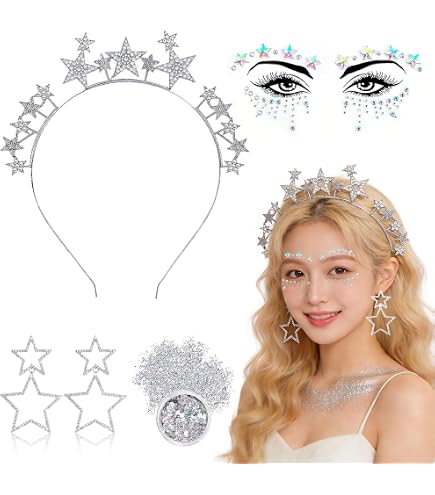 Karneval Faschings Haarreif Sterne Silber Set - Stirnband, Halskette, Ohrringe & Gesichtstattoo Für Damen & Mädchen