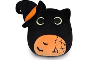 DESDFCER Halloween Plush Black Cat, 8 inch Soft Black Cat plush with Witch Hat & Spider Web, Cute Cat Plush Toys for Kids, Halloween Plushies Decorations for Home Decor