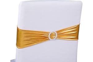 JUVALE Zestaw 100 złotych szarf na krzesła na wesela, przyjęcie, baby shower, przyjęcie urodzinowe, pasuje do oparć krzeseł o średnicy od 34 do 41,9 cm ze srebrnymi klamrami