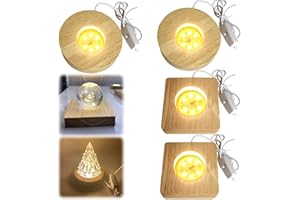 GOMETY 4 Stück Holz LED Lichtsockel, USB Led Leuchtsockel für Acrylglas Warme Farbe Holzsockel Ständer Quadrat/Rund LedLeuchten Display Basis für Kristallg Lensball Glas Acryl (Warme Farbe, 4)