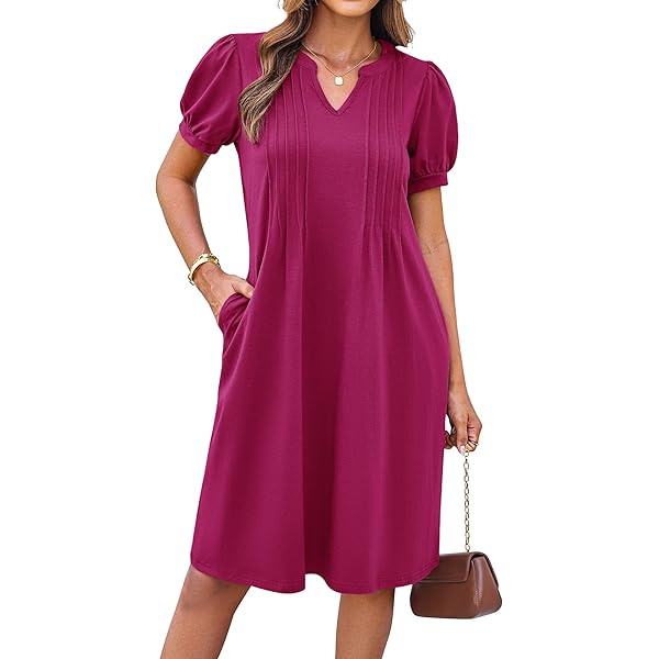 Zomerjurk voor dames, linnen, casual, V-hals, midi-jurk, korte mouwen, A-lijn, strandjurk, zonder accessoires, A Marine, S