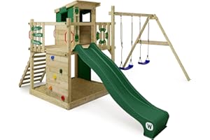 WICKEY Aire de Jeux Smart Camp portique en Bois avec balançoire et Toboggan Vert, Tour d'escalade pour Enfants avec bac à Sable, échelle et Accessoires de Jeu pour Le Jardin.