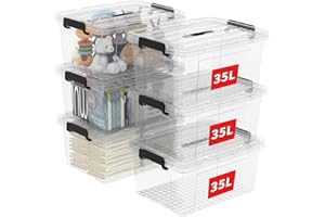 Cetomo 35L*6 Scatole di Stoccaggio in Plastica, Scatole Portaoggetti con Coperchio, Organizzatore con Manico, Contenitori per Casa e Ufficio, Impilabile, Resistente, Trasparente, 35L - Confezione da 6