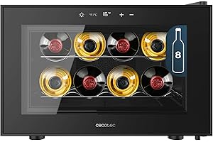 Cecotec Cave à Vin Bolero GrandSommelier 800H CoolCrystal E, Capacité 8 Bouteilles, Étagères Métalliques, Contrôle Tactile, Température 8 à 18ºC, Noire