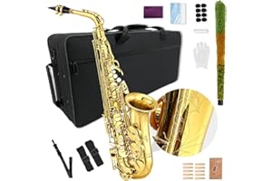 YoungMonic E-flaches Altsaxophon für Anfänger und professionelle Saxophone, Studenten, Altsaxophon, mit Tragetasche, Mundstückriemen, 10 Blätter, Saxophon, Anfänger-Set