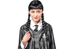 Rubies Peluca Wednesday para mujer, Peluca con trenzas y flequillo, Oficial Wednesday, Miercoles Addams para Halloween, Carnaval, Cosplay