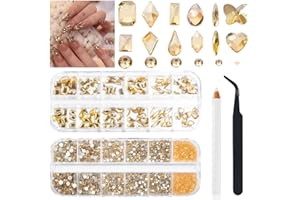 ALOCIAM 2680pcs 3D Champagne Golden Strass Ongle Nail Art, Acrylique Cristal Cr Nail Charme Avec Scintillement Dos Plat Perles Rondes, Pierre Bijoux Diamant Nail Art Decoration Picker Tools