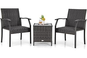 COSTWAY Conjunto Jardin Exterior de Ratán 3 Piezas, 2 Sillas de Mimbre con Asientos Acolchados y 1 Mesa de Vidrio Templado, Mesa y Sillas Terraza Balcon Jardin, Marrón
