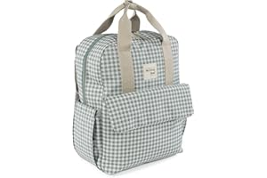 Walking Mum. Bolso Mochila I Love Vichy. Bolsa pañalera para silla de paseo. Diseño versátil con asas cortas y correas para llevar en los hombros. Color Verde. Medidas 37X28X12 cm.