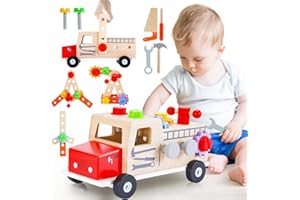 Aragallant Caja Herramientas Juguete para Niños 1 2 3 Años, Juego Herramientas Banco de Trabajo Juguetes Montessori, 31 Piezas Coche Herramientas Juguete de Madera Educativos Regalo Niño Niña