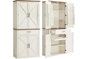 ‎VASAGLE VASAGLE Küchenschrank, 178,6 cm hoher Mehrzweckschrank, Landhausstil, mit Schiebetüren, Schublade, Ablage und verstellbaren Einlegeböden, für Küche Esszimmer, vintageweiß BBK364W02