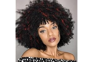 Becus Pelucas Mujer Pelo Natural Negras 10 Pulgadas Pelo Peluca Afro Rizadas Suaves con Flequillo Pelucas Sintéticas Cortas y Rizadas para Mujeres(NegroRojo # 1B/Bug)