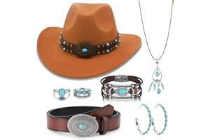 SAIER TBO 7 Pièces Cowboy Chapeau Accessoires pour Femme, Western Cowgirl Costume Set avec Chapeaux de Cowboy Ceinture Collier Bohème Boucles d'oreilles Bagues Bracelets pour Carnaval Cosplay Soirée à Thème