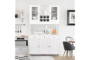 ‎VOWNER VOWNER Küchenschrank, Hochschrank Küchenbuffet mit 5 Schränken, Vitrinenschrank, Buffetschrank mit Verstellbaren Ablagen, Esszimmerschrank mit Schubladen, MDF, Spanplatte, Weiß 100 x 38 x 181cm