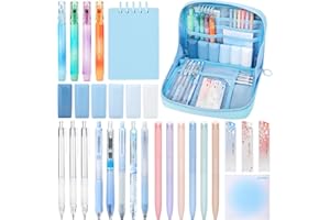 ESSALOO 30 Pezzi Set di Cancelleria per Studenti con Astuccio, 11 Penne Neutre, 4 Evidenziatori, 3 Matite Meccaniche, Regalo Bambina 6 7 8 9 10 11 12 Anni, Blu