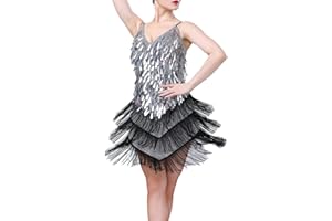 XIXIMAON Abito da ballo latino da donna con paillettes e frange, abito Charleston Gatsby anno 20, vintage, senza maniche, scollo a V, per ballo di fine anno, cocktail, feste, serate, B-nero argento,