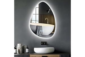 Sararoom 70×50cm Specchio Bagno con Luce, Specchi da parete per bagno Irregolare con orologio, Anti-Fog, Dimmerabile, 3 Colori Luci, Memoria, IP44 Specchio con luci retroilluminate, HD Vetro Temperato