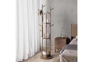 KungFuWood Appendiabiti da Ingresso Indipendente, Appendiabiti da Terra Legno Albero con 3 Ripiani e 9 Ganci, Robusto e Facile da Montare Appendiabiti da Terra, Adatto per Corridoi (Marrone Noce)