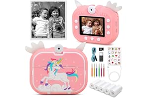 zerotop KinderKamera Sofortbildkamera 2,4 Zoll Bildschirm 1080P DigitalKamera Kinder mit 5 Rollen Druckpapier 32GB TF Karte Digitalkamera für Kinder Geschenk, 20x Digitalzoom 6 Farbigen Stiften