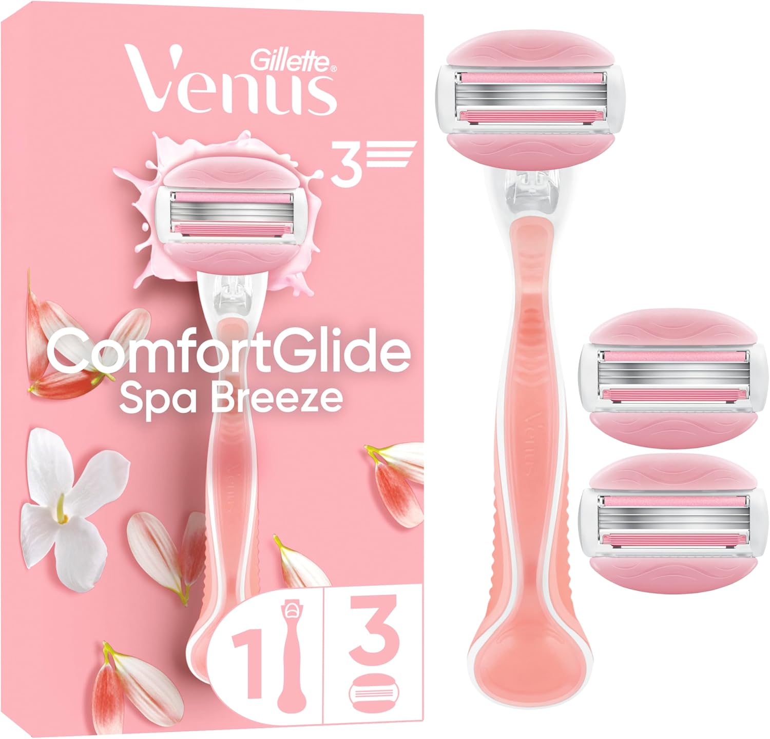 Gillette Venus ComfortGlide Women’s Razor Spa Breeze, 1 Refill Razor Cartridges, Reusable Metal Handle and Shower Holder