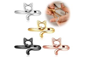Amaxiu 4 Stück Häkelring Für Finger,Häkelringe mit Katzenmuster Crochet Ring Silberner Garnring Strickschlaufe Offener Fingerring Fingerhalter Fingerhut Weben Strickregler für Mutter Oma