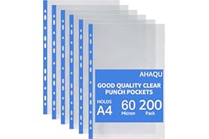 AHAQU 200PCS Punched Pockets A4, 60 Micron Strong Poly Pockets, Clear Plastic Wallet Sleeves for Lever Arch Files and Ring Binder Folders- Blue