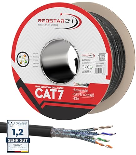 RedStar24 50m Cat7 Kabel Outdoor Installatiekabel Grondkabel LAN Kabel Zwart AWG23/1 CAT 7 S/FTP Ethernet Netwerk 1000MHz Afgeschermde Datakabel Netwerkkabel voor Buitengebruik UV-bestendig