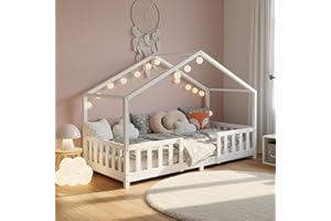 [en.casa] Lit d'enfant Design en Forme Maison avec Grille de Protection Construction Solide Capacité de Charge 100 kg Bois de Pin Contreplaqué 200 x 90 cm Blanc Mat Laqué