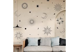 PLIGREAT Sun Moon Face Wall Stickers, Peel and Stick Wall Decals, Removable Vinyl Wall Sticker for Bedroom Living Room Halloween Party Wall Decorations Crescent Decals Boho Ethnic Wall Art Decor
