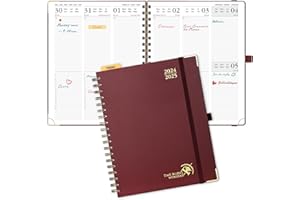 POPRUN Agenda 2024 2025 Semainier 25,5 x 21,5cm, Planner Vertical Scolaire 17 Mois D'août 2024 à déc 2025 avec Couverture Rigide Spirale, Poche intérieur, Papier Certifié FSC®80 g/m² - Bourgogne