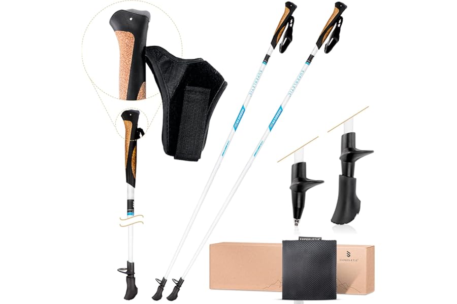 SUPERLETIC Nordic FX Walking Sticks w/Hand Straps; Trekking Balance Poles, Carbon Fiber, Hiking-Camping; Strong Click System, Ergonomic Poles w/Cork Grip Handles for Men-Women