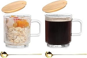 Anhow 2 Pièces Tasse a Cafe, 350ml Tasse à Café Expresso Verre Strié avec Cuillère et Couvercle Tasse de Petit-déjeuner pour Cappuccino Latte Céréales Yaourt Lait - Transparente
