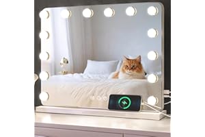 baklon Espejo de Maquillaje con iluminación, Espejo de Hollywood con 14 LED de luz, Regulable, Espejo cosmético, 3 Modos, 58 x 43 cm, Espejo de Mesa con USB 10 aumentos, para Dormitorio