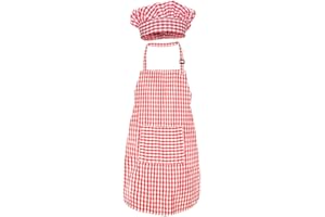 Jennice House Kids Apron and Chef Hat Set, Cute Children Baking Aprons for Boys and girls Cooking Artists Painting Gardening Aprons (Red Gingham, Small)