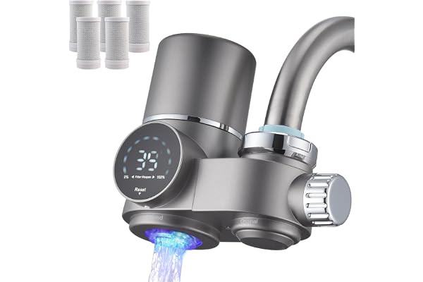 Homelody Vattenfilterkran med blått ljus, 5 filter innehåller och vattenfilter dricksvatten för kök, tar bort klor, tungmetaller och kalk, förbättrar smaken, 12 x adaptrar