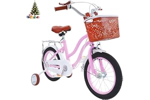 HUOMMGS Kinderfahrrad 14 Zoll Retro Stil Kinderfahrrad mit Stützrädern, Rücksitz, Korb Höhenverstellbar Kinder Fahrrad für ab 3-7 Jahre Jugend Fahrrad für Jungen & Mädchen