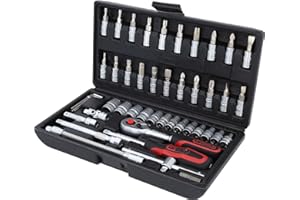 KS TOOLS 911.0646, Caisse à Outils en Coffret de Douille et Accessoires Compacte, Outillage Mécanique Chrome Mat avec Clé à Cliquet 1/4", Assortiment Varié au Profil F6-46 Pièces Argent/Noir/Rouge