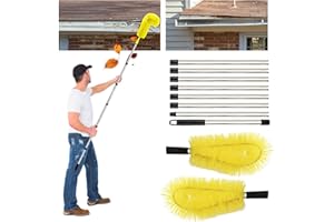 Qivine Brosse de Nettoyage de Gouttière avec Manche Télescopique Extensible de 310cm, Brosse de Nettoyage Pliable avec 2 Brosses, pour Enlever Les Feuilles et Les Débris des Gouttières (Jaune)