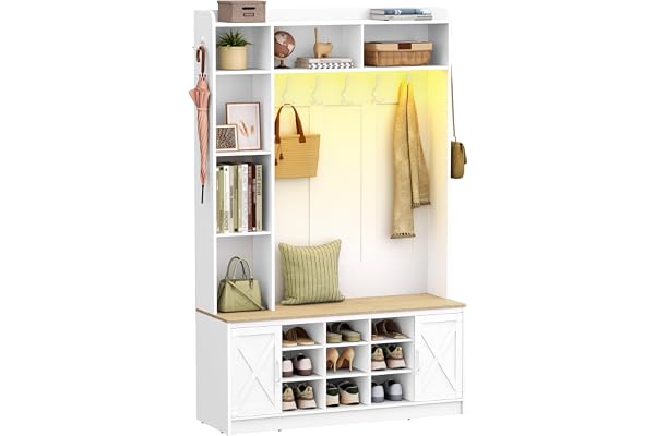 Hzuaneri Garderobstativ med bänk, garderob med LED, vit-gul | Klädställ, justerbara hyllor, 15 öppna fack, 7-krokar, för entré, 40,3 x 120 x 191 cm, HT24603XEU