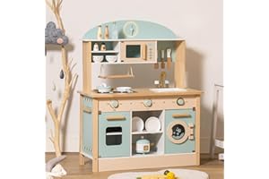 ROBOTIME Set da cucina in legno per bambini, con forno a microonde, orologio, portasciugamani, giocattoli per bambini da 3 a 10 anni (blu)