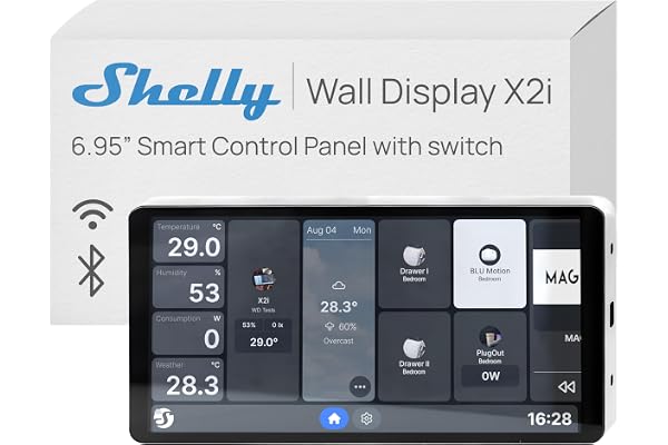 Shelly Wall Display X2i Silver - Smart WiFi-kontrollpanel, termostat, 5A integrerat relä, kräver neutral, ljusstyrka och närhetssensor (LUX), stereohögtalare, Alexa och Google Home