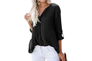 Dordanity Damen Bluse Elegant V-Ausschnitt Hemd Langarm Casual Arbeit Einfarbig Button Down Lose Langarmshirt Oberteile Tops