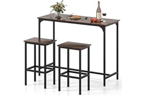 RELAX4LIFE Set Tavolo da Bar e Sedie, Tavolo da Pub Rettangolare 120 cm con 2 Sgabelli, Set Tavolo Alto da Colazione con Struttura in Metallo e Poggiapiedi, per Sala da Pranzo Cucina (Caffè)