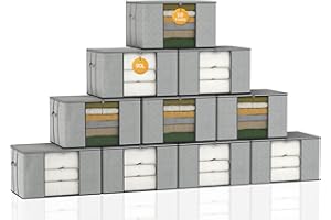 IZSUZEE Lot de 10 GrandBoite Rangement Vetement, 90L Sac de Rangement Caisse Rangement Cartons Déménagement Pliable, Housse Rangement Couette pour Vêtements, Couvertures, Pliable avec Poignée Renforcée, Gris
