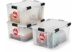Iris Ohyama 3 Cajas herméticas de plástico con tapa y cierres a presión, 50L, Transparente, sello impermeable, apilables, antipolvo, para ropas, camping, exteriores, cubo de almacenaje, box, AT-L