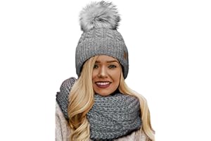 4sold Winter Cappello Set da Donna Taglia Unica di Lana di Mohair e Sciarpa Invernale di Lana Berretto Beanie Fodera in Pile Pompom Artificiale