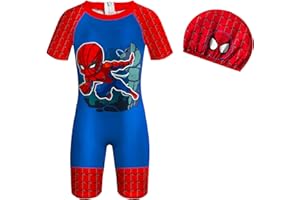 BRIGCALKI Spiderman Swimming Costume One Piece with Cap Boys Swimuit Kids Swimming Trunks Pool Beach Holiday Bathing for 2-9 Years