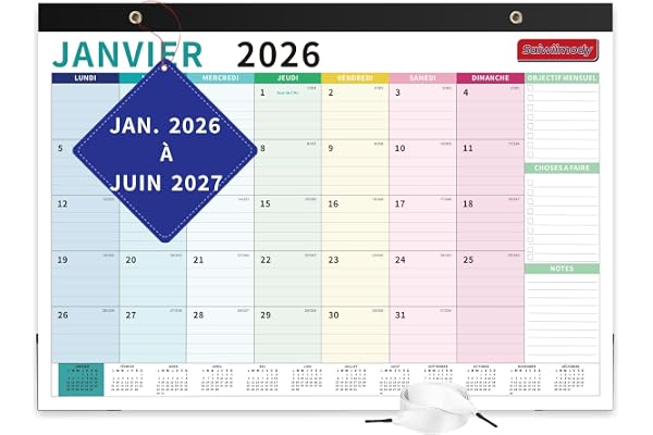 Calendrier 2026 Mural Grand Format Janvier 2026 à Juin 2027 Avec Couverture Imperméable Calendrier Familial Coloré Planificateur Bureau Organisateur Mensuel, 43 x 31 cm