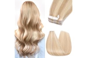 Silk-co Real Remy Tape in Straight Human Hair Extensions 10pcs 16inch #18P613 Ash Blonde&Bleach Blonde Balayage Seamless Tape on Hair Extension Straight Human Hair
